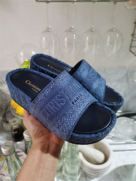 blue dior oblique embroidered cotton dway wedge mule|DIOR Dway Embroidered Denim Wedge Sandals .